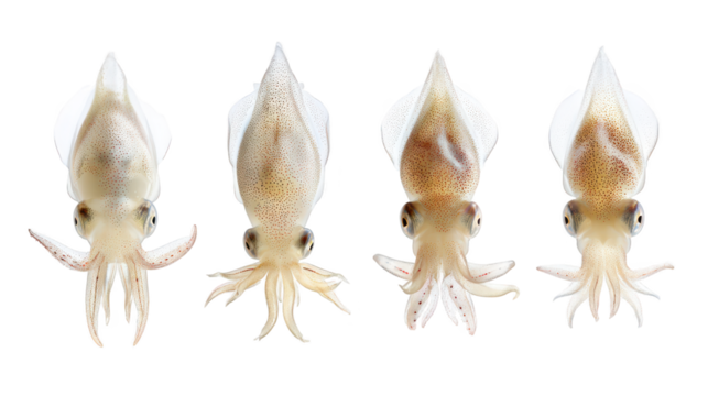 Five squids turn heads group of five squids face different directions five squids