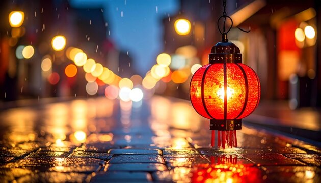 Red lantern glowing on a rainy street at night