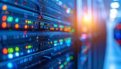 Close-up of illuminated server rack in data center