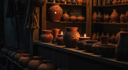 Earthenware pottery displayed on wooden shelves, some with candle flames