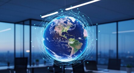 Earth surrounded by a glowing network, office backdrop, concept of globalization