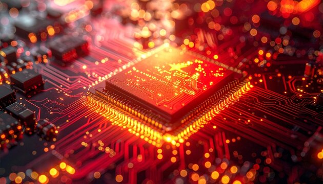 Close-up of a glowing Chinese themed microchip on a circuit board