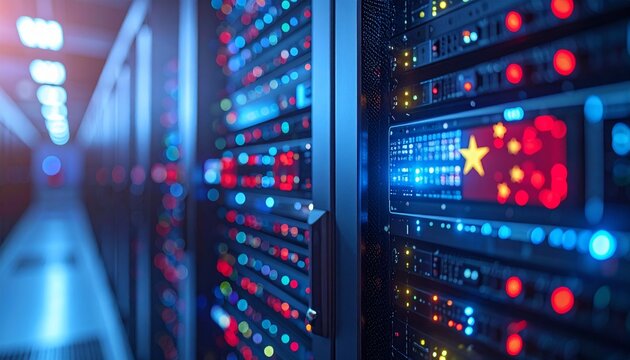 Close-up of illuminated server rack in data center