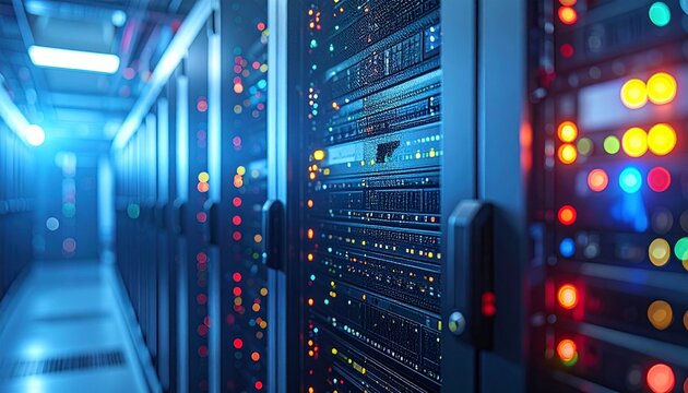 Close-up of illuminated server rack in data center