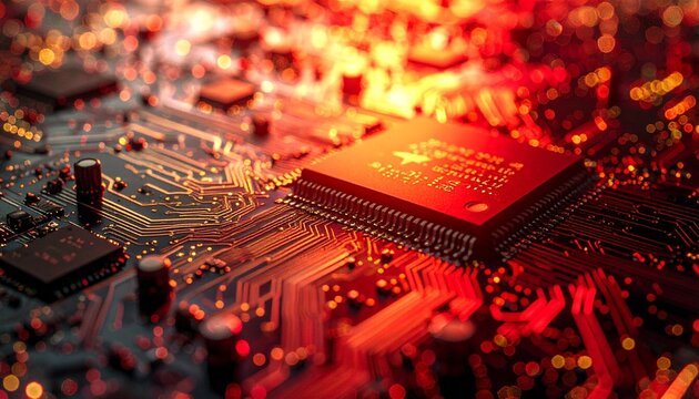 Close-up of a glowing Chinese themed microchip on a circuit board