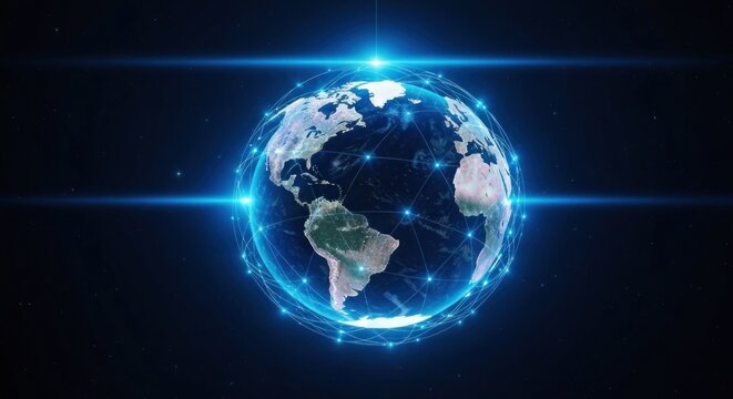 Earth globe networked with glowing lines against a dark, starry background