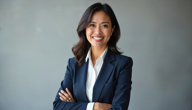 Filipino businesswoman smiles confidently, arms crossed, wearing a dark suit and white shirt. Professional headshot in studio for business and career use. Represents leadership and success.