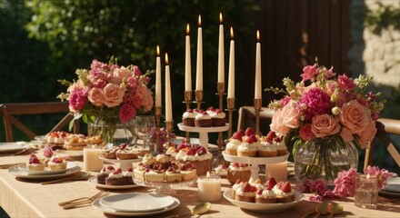 Elegant outdoor table laden with pastries, candles, and flowers