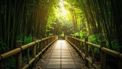 Wooden bridge through a bamboo forest pathway