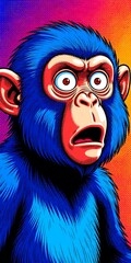 Obraz premium A psychedelic, stylized blue monkey with wide eyes and an open mouth, set against a vibrant gradient background of yellow to pink rendered in bold comic book art style with halftone dots.