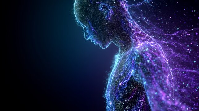 Digital human figure emerging from glowing particles, representing ai consciousness and technology