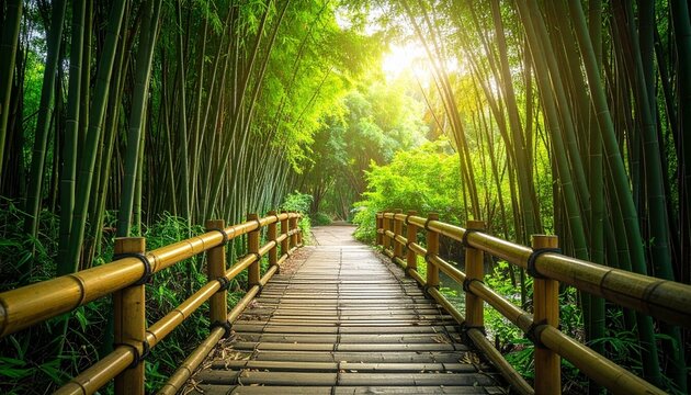 Wooden bridge through a bamboo forest pathway