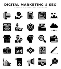 Digital Marketing & SEO. Glyph icons Pack. vector illustration.