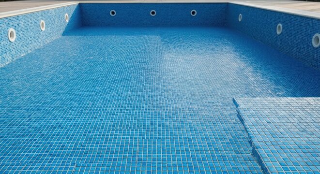 Empty swimming pool with blue mosaic tiles and deck