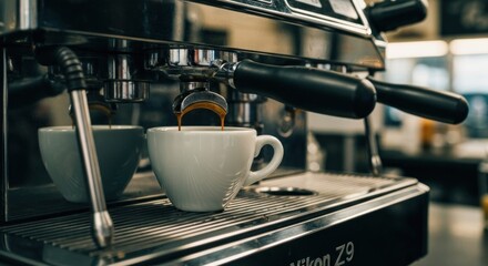Espresso machine pours coffee into two white cups in a cafe