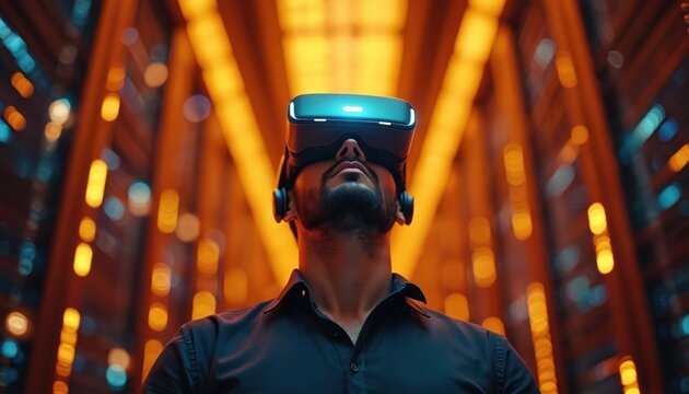 Man wears virtual reality headset looking up. Modern tech concept shows futuristic glasses. Person explores augmented experience, simulation world. New tech for digital world.