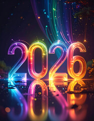 Vibrant, glowing numerals of the year 2026 illuminated with a spectrum of rainbow colors, reflecting on a dark, sparkling surface with streaks of light and b...