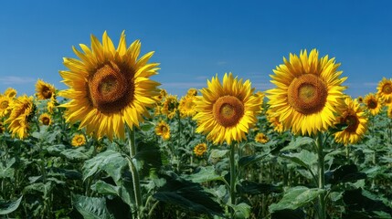 Fototapeta premium Sunflowers in a lush field basking under a clear blue sky, turning their vibrant faces towards the bright warm sun