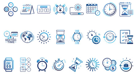 Time and clock icons isolated on white background concept of schedule, deadline, appointment, and time management hourglass, alarm clock, calendar, and watch symbols