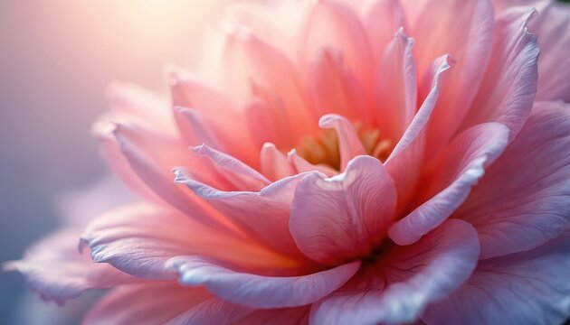 Close up pink flower petals with soft light. Delicate bloom unfolds gently, showing layers of soft color. Elegant natural beauty for background design.