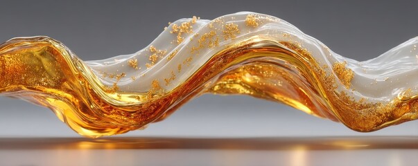 Abstract golden liquid wave on white background with glossy, flowing motion and amber highlights