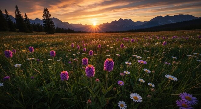Field of wildflowers with a mountain backdrop at sunset, golden light - Powered by Adobe