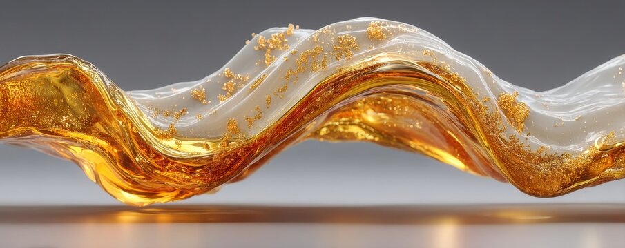 Abstract golden liquid wave on white background with glossy, flowing motion and amber highlights