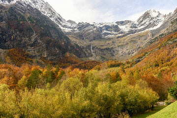 Autumn colours in the Pineta Valley with snow-capped peaks - Huesca