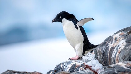 An Ad?lie penguin poised on rocky terrain, with a snowy background suggesting a cold, polar environment