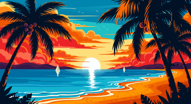 Tropical sunset beach scene with palm trees, ocean, sand, and sailboats under colorful clouds and a bright sun