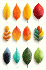 Obraz premium Set of colorful autumn leaves with water droplets on a white background