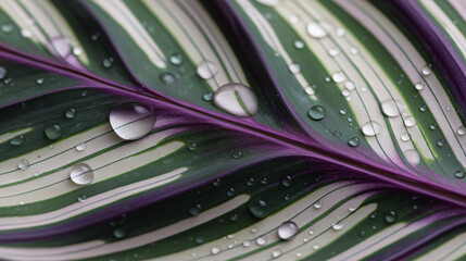 The close-up view reveals the intricate zebra pattern of the Calathea leaf, highlighting its vibrant colors and the glistening water droplets resting on its surface