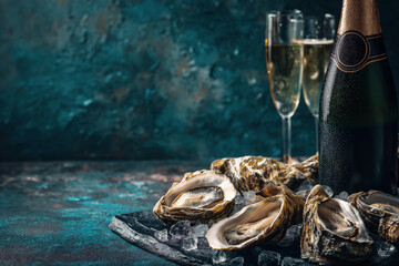 Dark moody background with freshly opened oysters on ice and a bottle of champagne with condensation