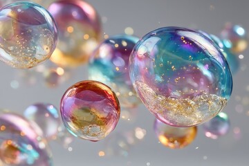 Naklejka premium Colorful iridescent bubbles floating in soft light, a dreamy abstract scene of playfulness