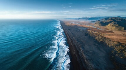 Fototapeta premium Aerial view of ocean waves meeting shore with land and mountains