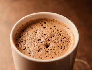 Obraz premium Close up of a warm cup of frothy hot chocolate on a wooden surface