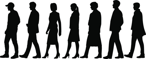People silhouettes, diverse group vector illustration, men and women standing and walking, casual and formal attire, modern society lifestyle graphic design