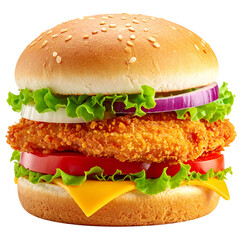 Delicious Gourmet Burger: A mouthwatering image of a gourmet burger featuring a juicy chicken patty, fresh vegetables and creamy cheese, all nestled between soft, sesame-seed buns.