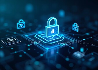 Digital security lock icon on abstract technology background  