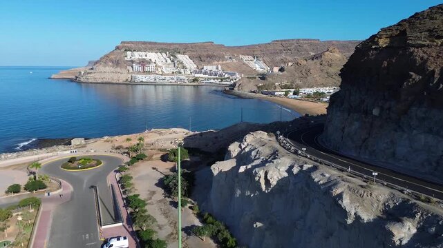 Aerial drone view of Playa de Tauro and coastal cliffs, Gran Canaria, Canary Islands, Spain