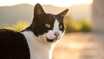 Black and white cat portrait, with bright sunlight, focused, and green eyes gazing to the right
