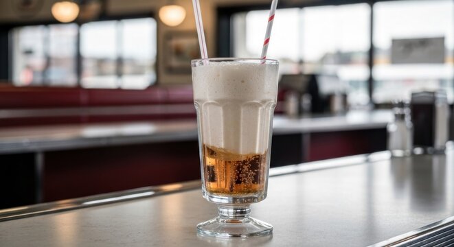 Frothy root beer float with red straws on a diner counter