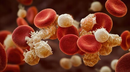 Microscopic view of red blood cells and activated platelets engaged in the process of clot formation in a human bloodstream during an immune response