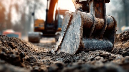 Close up view of an excavator bucket digging into soft soil at a construction site during a sunny day in the early afternoon