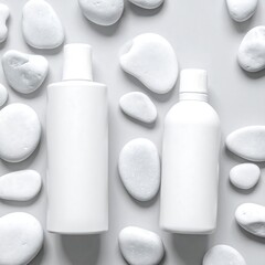 Two blank white plastic bottles surrounded by white stones on a gray surface