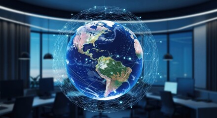 Global network overlaying Earth in modern office