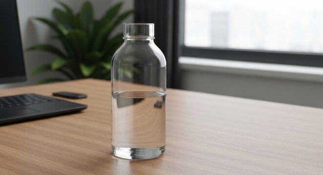 Glass water bottle on desk, office environment, laptop - Powered by Adobe