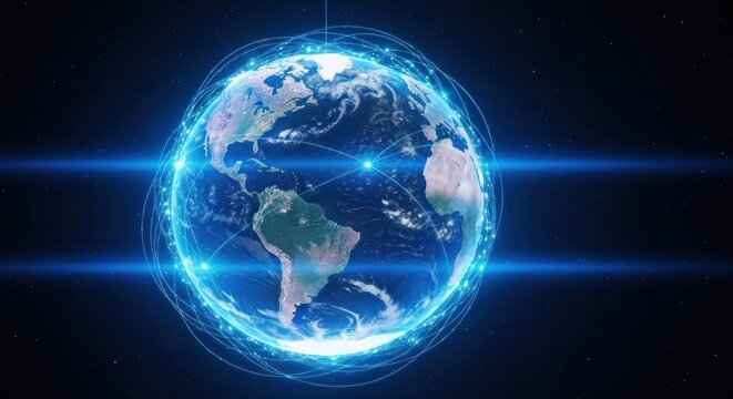 Global network Earth surrounded by glowing lines and light flares