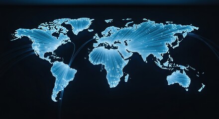 Glowing blue world map with connected points and radiating lines on black