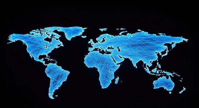 Glowing blue world map made of interconnected lines against black background